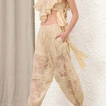 Salenia Lace Appliqué High Neck Side Tie-up Ruffle Cropped Top