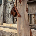 OFELIA Beige Woven Lapel Long Shirt Dress