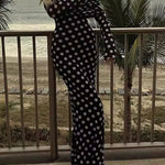 Long Sleeves Skinny Pleated Polka-Dot Split-Joint Tube Maxi Dresses