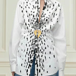 Long Sleeves Loose Brooch Elasticity Heart Shape Pleated Print Lapel Collar Blouses&Shirts Tops
