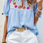 Sky Blue Floral Embroidered Notched V Neck Puff Sleeve Blouse