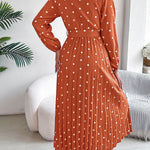 High Waisted Long Sleeves Pleated Polka Dot Tied Waist V-Neck Maxi Dresses Shirt Dress