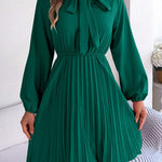 Long Sleeves Loose Pleated Solid Color Tied Mock Neck Mini Dresses