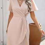 A-Line Short Sleeves Pleated Solid Color Split-Joint Zipper V-Neck Mini Dresses