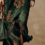 Retro Silhouette Printed Green Faux Suede Tassel Maxi Dress