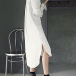 Simple Casual Solid Color Buttoned Lapel Collar Long Sleeves Midi Shirt Dress