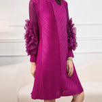 Long Sleeves Loose Embroidered Pleated Solid Color Round-Neck Midi Dresses
