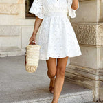 A-line High Waisted Elasticity Hollow Solid Color V-neck Mini Dresses