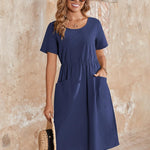 Zeagoo Womens Midi Dress Short Sleeve A-Line Cotton Linen Dress