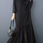 Long Sleeves Loose Solid Color Split-Joint Three-Dimensional Flower Mock Neck Maxi Dresses