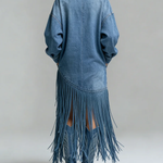 Ursime Daily Blue High Collar Lantern Sleeve Long Sleeve Strappy Western Pocket Denim Midi Dresses [Pre-Order]