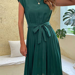 A-Line Loose Pleated Solid Color Tied Waist Round-Neck Midi Dresses