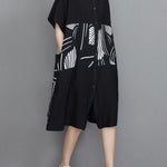 Artistic Retro Loose Printed Buttoned Midi Dress