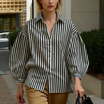 Long Sleeves Loose Buttoned Contrast Color Split-Joint Striped Lapel Blouses&Shirts Tops