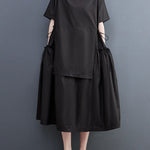 Loose Short Sleeves Solid Color Split-Joint Round-Neck Midi Dresses
