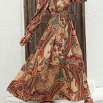 Loose Puff Sleeves Elasticity Printed V-Neck Maxi Dresses