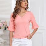 Zeagoo Womens Ruffle 3/4 Sleeve Top V Neck Shirts