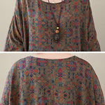 Vacation Loose Half Sleeves Floral Printed Pleated Round-Neck Midi Dresses