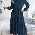 High Waisted Long Sleeves Pleated Ruffled Solid Color Lapel Midi Dresses Shirt Dress