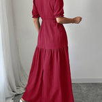Half Sleeves High Waisted Pleated Solid Color Split-Front V-Neck Maxi Dresses
