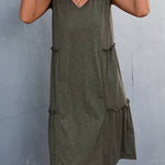 A-line Loose Pleated Solid Color Split-Joint V-neck Midi Dresses