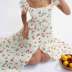High Waisted Loose Buttoned Elasticity Flower Print Pleated Square-Neck Midi Dresses