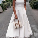 A-Line High Waisted Buttoned Pleated Pockets Solid Color Split-Side Tasseled Square-Neck Maxi Dresses