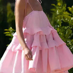 High Waisted Loose Backless Layered Pleated Solid Color Tied Spaghetti-Neck Mini Dresses