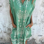 Linen Blend Unique Print Lapel Casual Pocket Mini Dress