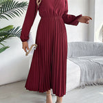 A-Line High Waisted Elasticity Pleated Solid Color V-Neck Maxi Dresses