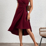 A-Line High Waisted Asymmetric Pleated Solid Color Split-Joint Round-Neck Midi Dresses