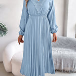 Elasticated Waist High Waisted Pleated Solid Color V-Neck Midi Dresses
