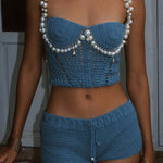 Mirina Hollow Crochet Knit Pearl Trim Heart Collar Crop Vacation Tank
