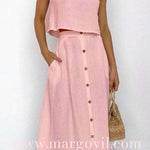 Margovil Sleeveless Crop Top and Button Down Skirt Cotton Linen Two Pieces