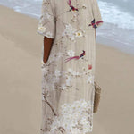 Women's Japanese Art Floral Bird Print Pocket Linen Dress(Convertible Dress With Front And Back Option)