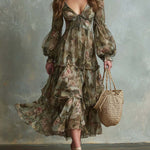 Vintage Floral Chiffon Long-Sleeve Tiered Midi Dress