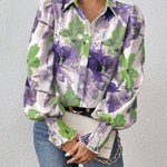 Long Sleeves Loose Buttoned Elasticity Flower Print Pleated Lapel Blouses&Shirts Tops