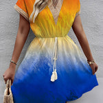 A-Line Loose Elasticity Gradient Hollow Split-Joint Tasseled Tied Waist V-Neck Mini Dresses