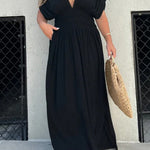 My Treasure Kimono Sleeve Pocketed Smoke Detail Slit Maxi Dress