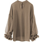 Simple Solid Color Puff Sleeve Mesh Splicing Chiffon Shirt