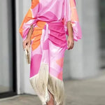 Unique Printed Balloon Sleeve Loose Top and Fringed Hem Skirt Set