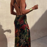 RAINFOREST PARADISE TROPICAL PRINT CUTOUT BACK CROSSOVER STRETCH MAXI DRESS