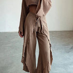 Ideal for Holidays Linen Blend Crop Top and Elastic Waist Tie-up Ruffle Pants Set