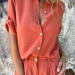 Linen Blend Solid Color Button Lapel Short Sleeve Shirt and Casual Pocket Shorts Set