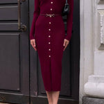 V-neck single-breasted slim-fit knit slit dress