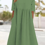 A-Line Half Sleeves Pleated Pockets Solid Color Round-Neck Midi Dresses