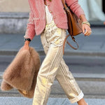 Solid Color V-neck Long-sleeved Loose Pocket Knit Cardigan