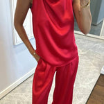 Classic on You Satin High Cowl Neck Top and Elastic Waist Pocket Loose Pants Set