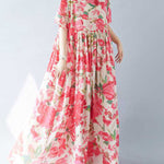 A-line Batwing Sleeves Flower Print Pleated Split-Joint Round-neck Midi Dresses