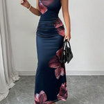 Bodycon Sleeveless Contrast Color Flower Print Round-Neck Maxi Dresses